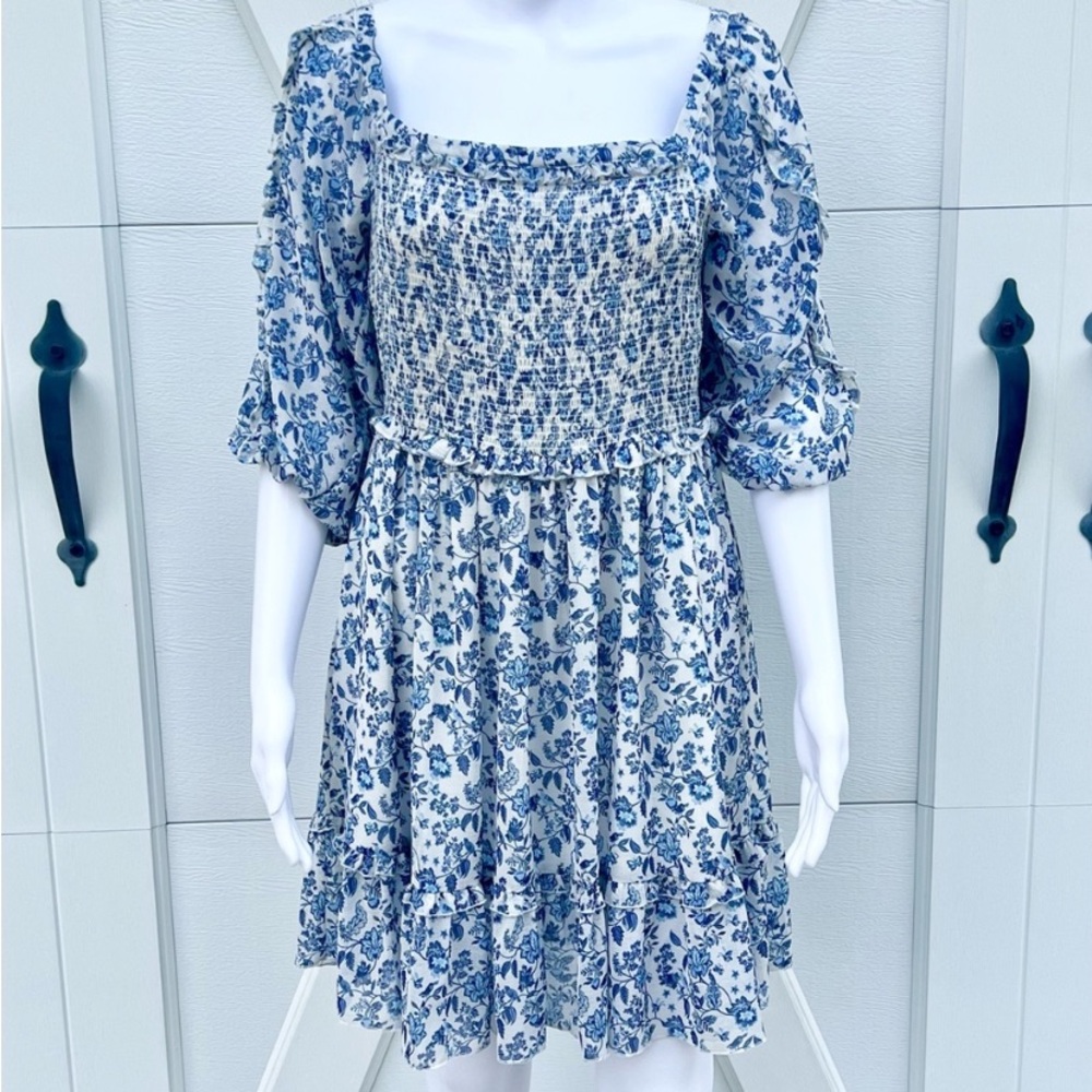 Revolve Super Natural by Secret Mission Blue Floral Chiffon Ruffle Peasant Dress - Picture 4 of 11
